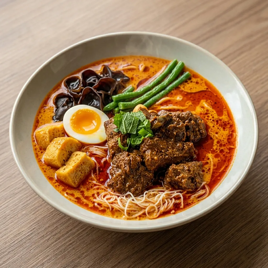 Rendang Beef Laksa - rich coconut broth with slow-cooked beef at Mamak Dang Calgary